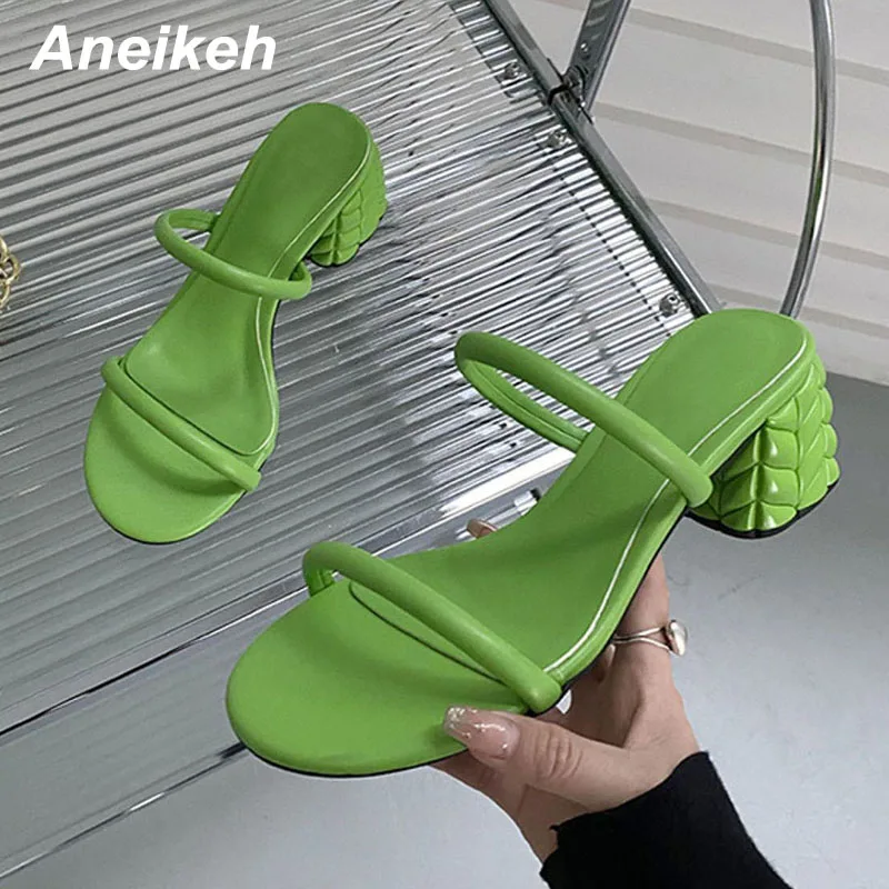 

Aneikeh Solid PU Shallow Open Toe Square Heel Women Summer Shoes 2022 New Double Narrow Band Slip-On Concise Leisure Slippers