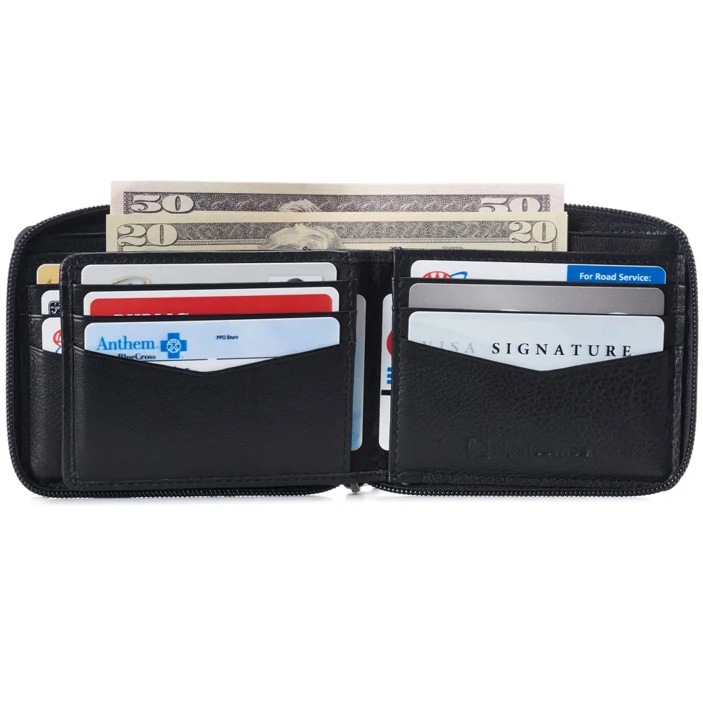 Zipper Bifold Wallet for Men Women RFID Protected Genuine Leather