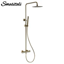 Thermostatic Shower Set Brushed Gold Faucet Brass Temperature Bathroom System Mixer Tap Rain Head Wall-Mount Handheld Sprayer