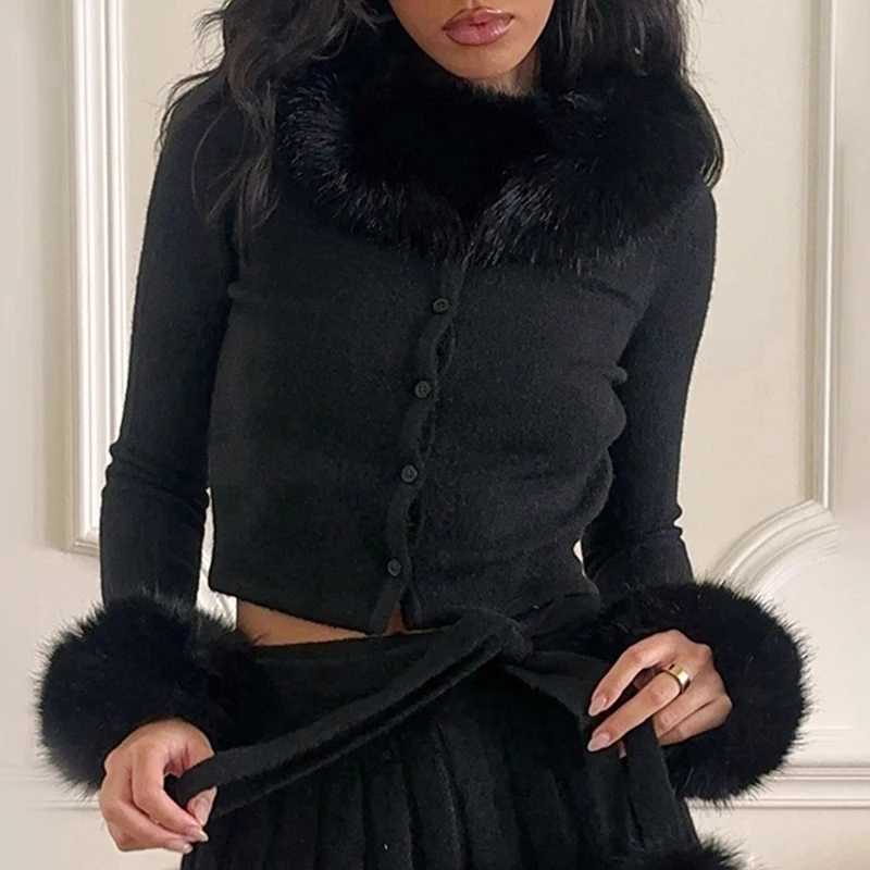 HEYounGIRL Y2K меховой лоскутный кардиган футболка винтажный черный зимний