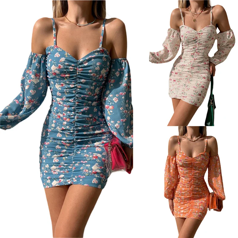 

Женское летнее платье, ТРАПЕЦИЕВИДНОЕ ПЛАТЬЕ на бретелях-спагетти с открытыми плечами и длинным рукавом, с цветочным принтом и средней тали...