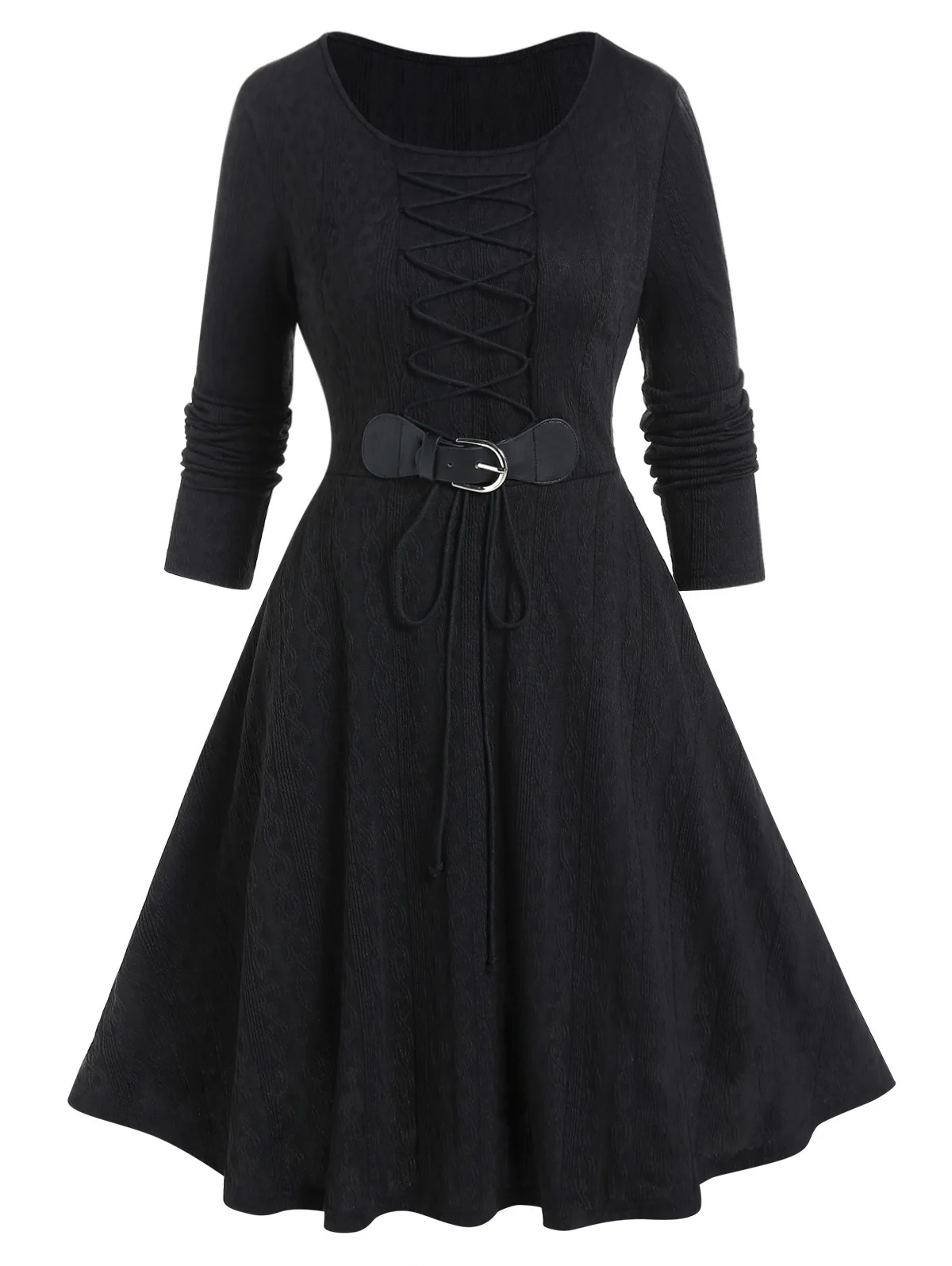 

Solid Black Lace Up Long Sleeve Dress High Stretch Women Buckle High Waisted Mini Vestido Feminino