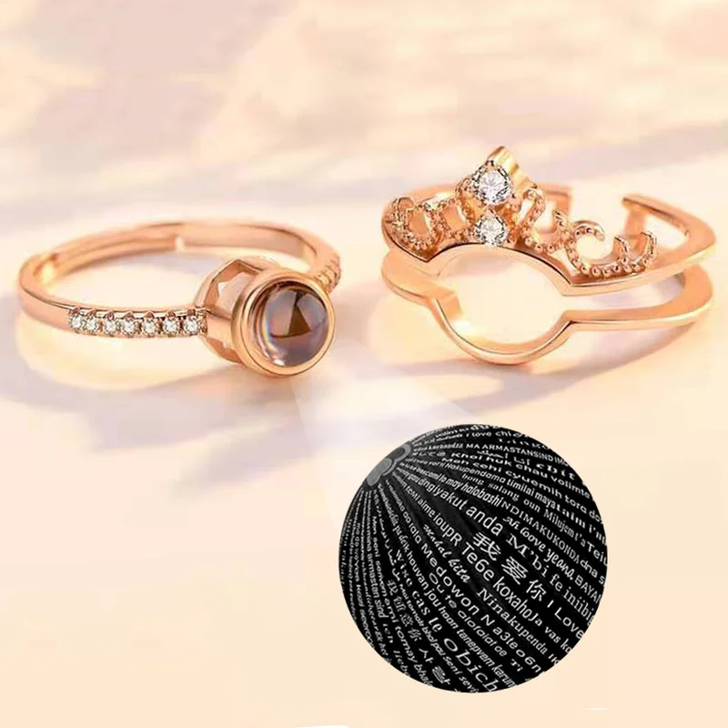 

Projection Ring Crown Two-in-One Fashion 100 Languages Opening Adjustable Couple Rings Wholesale Jewelry Gift