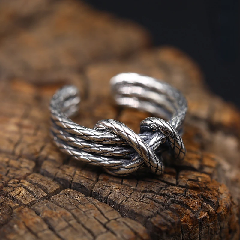 

S925 Silver Hipster Distressed Index Finger with Opening Vintage Thai Japanese and Korean Woven Male and Female Personality Ring