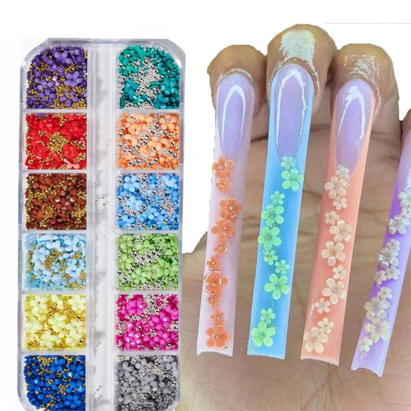 

1 Box 12Grids Flower Nail Charms 3D Acrylic Flower Nail Art Rhinestones with Silver Pearl Bead Spring Blossom Petal Nail Decals