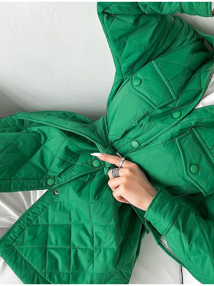 Taruxy Winter Warm Rhombus Cotton-Padded Coats Women Black Long Breasted Lapels Loose Puffer Jackets Outwear Parkas Bombers 2022