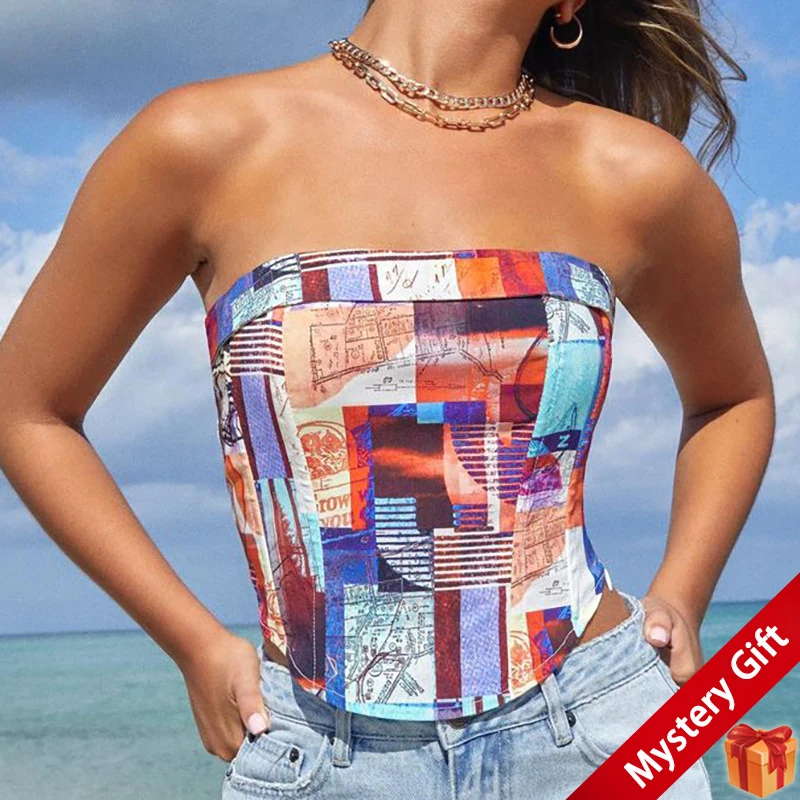 

Spring Women Print Velvet Tube Top Casual Sleeveless t-shirts Slim Fishbone Wrap crop tops Sexy Fashion kawaii y2k clothes
