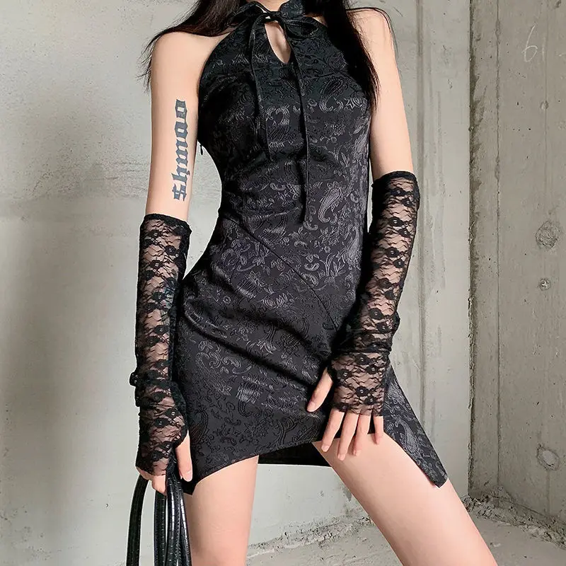 

2022 New Vintage Off Shoulder Jacquard Cheongsam Irregular Mini Dress Women's Sexy Hollow Out Halter Sleeveless Dresses Female