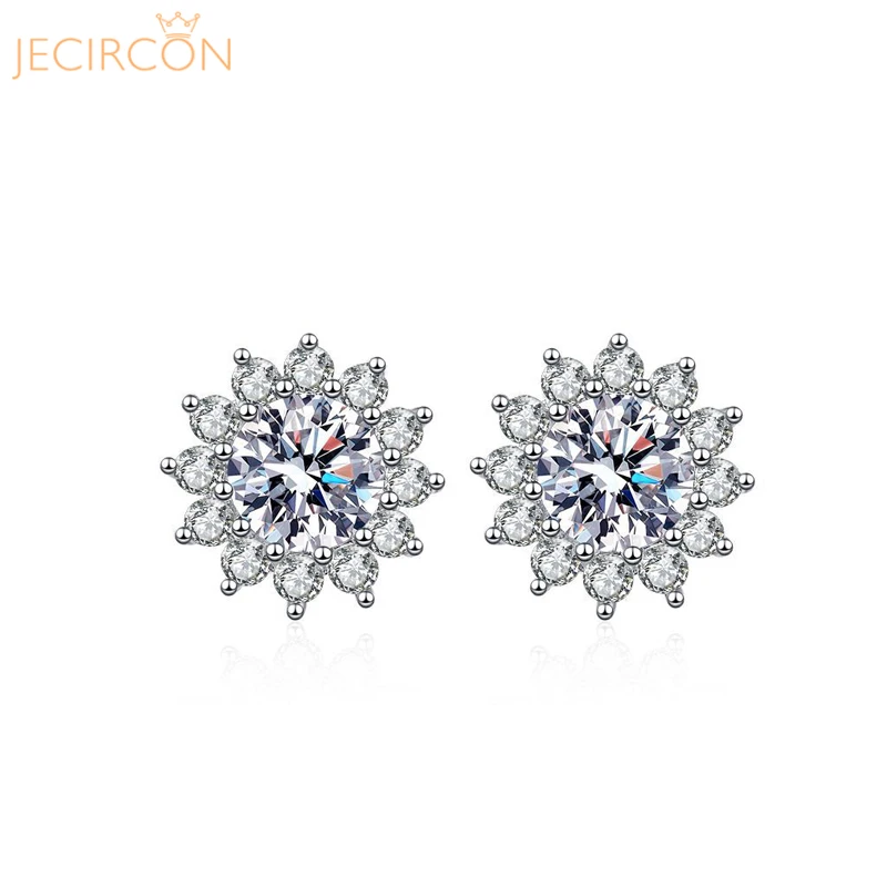 

JECIRCON 925 Sterling Silver Moissanite Earrings for Women 0.5/1 Carat D Color Sun Flower Ear Studs Trend All-match Fine Jewelry