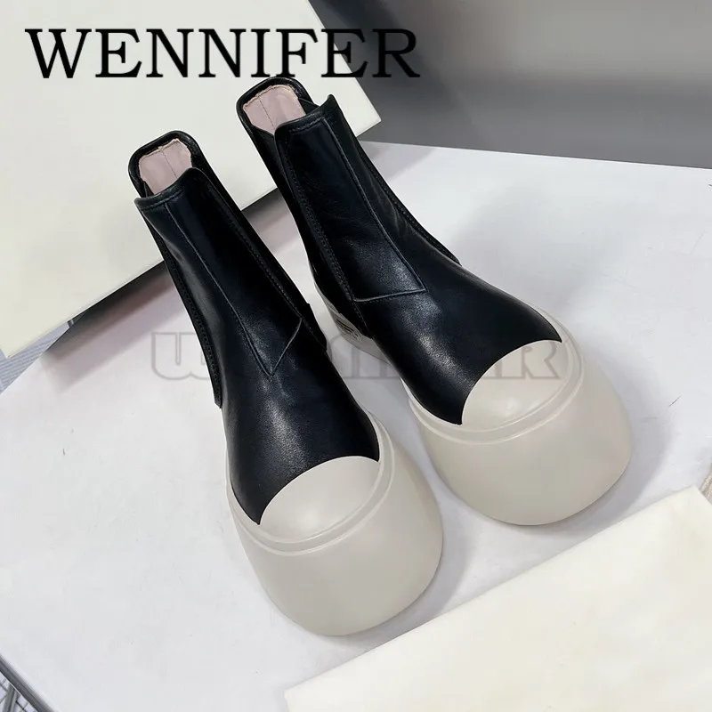 

Natural Leather Pull-on Chelsea Boot Round Toe Elasticated Side Panels Chunky Rubber Ankle Boots Women Winter Martin Botas Mujer