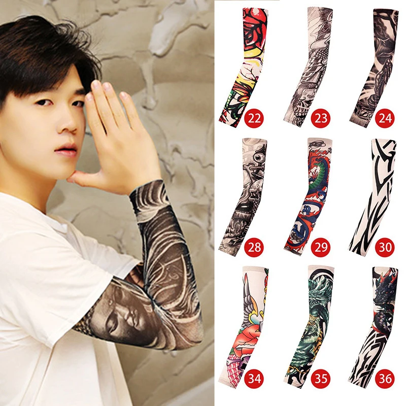 

Elastic Temporary Tattoo Sleeve For Men Totem Dragon Arm Stocking Fake Tattoo Flower Arm Cover Pattern Wolf Cool Men Fake Sleeve