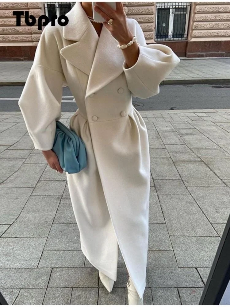 

Женское шерстяное пальто с отложным воротником, длинная двубортная офисная куртка с рукавами-фонариками, верхняя одежда на осень