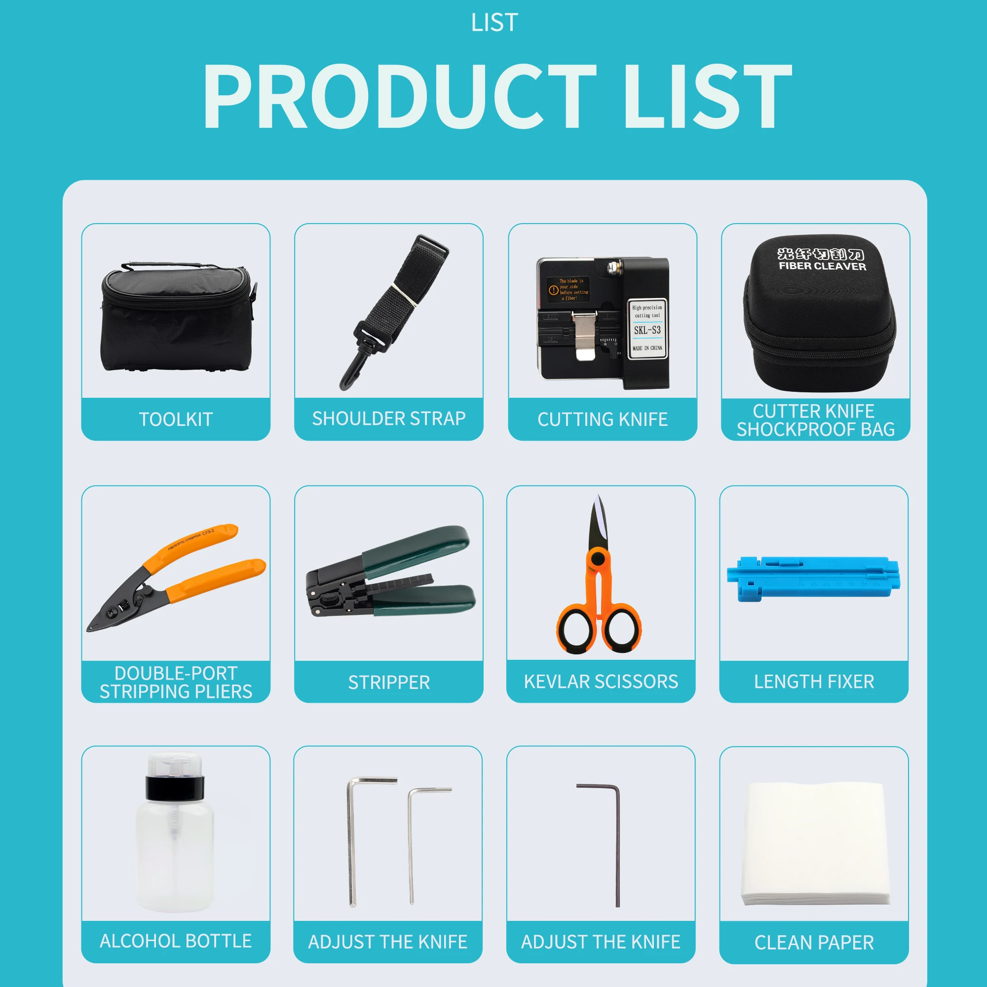 Hot-Melt FTTH Tool Kit   Bag  SKL-S3 Fiber Cleaver With Wire Stripper Suit 12Pcs Set