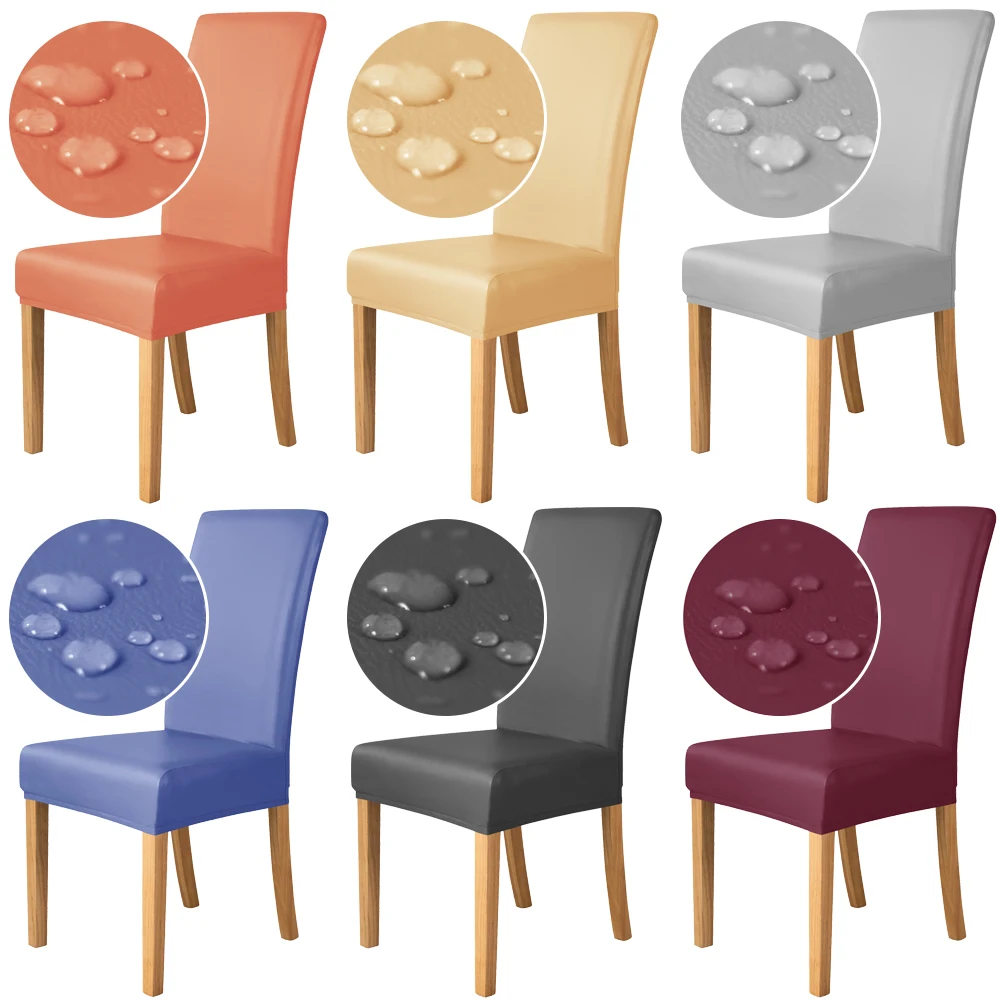 

1/2/4/6 Pcs PU Waterproof Chair Covers Solid Color Chair Cover Spandex Stretch Kitchen Chair Protector Covers for Living Room