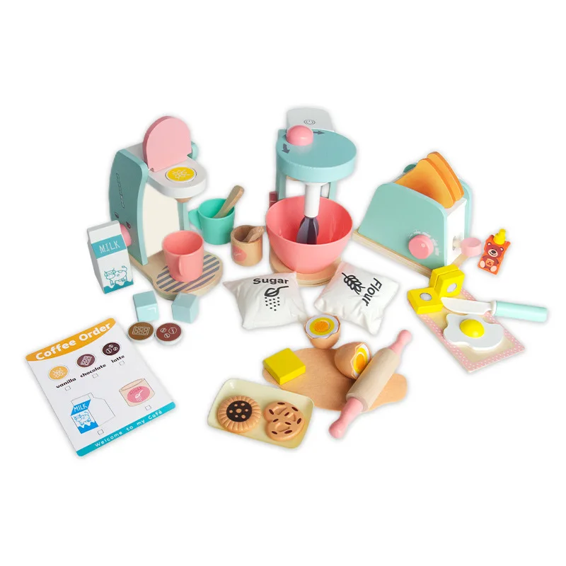[Funny] Wooden Children's kitchen toys simulation coffee maker bread maker blender play house cooking toys baby birthday gift