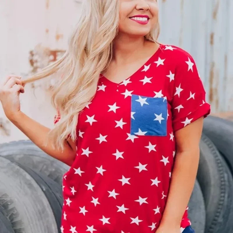 

Women's Independence Day Star Print Colorblock Loose Top woman tshirts