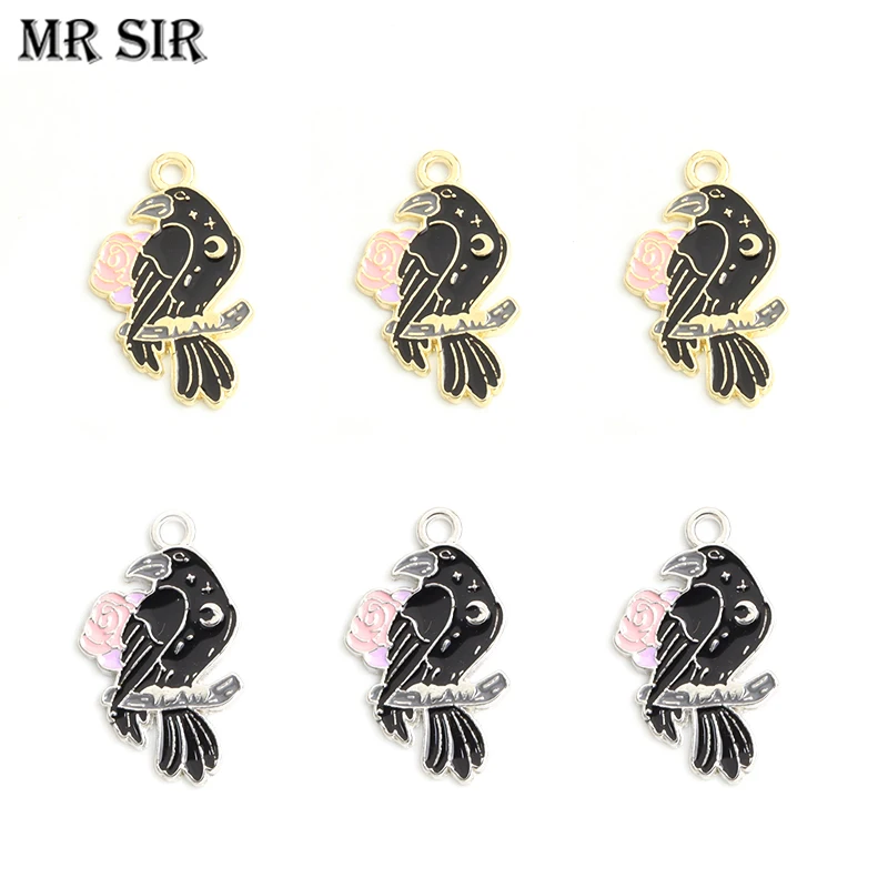 

10pcs Punk Dark Crows Enamel Charms Gothic Crow Rose Metal Oil Drip Pendants for Jewelry DIY Findings Making Necklaces Keychains