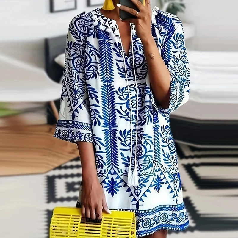 

Casual Loose Straight Beach Dresses for Women New Summer Bohemian Print V-Neck Pullover Dress Vintage Lady 3/4 Sleeve Mini Dress