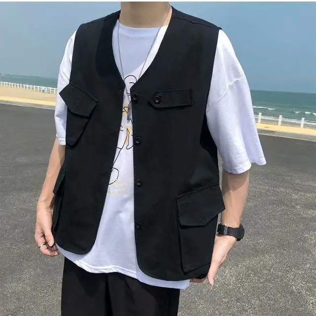 2023 Summer Fashion Men Solid  Cool Boy Casual Loose Tess Button Vest Jacket Pocket Sleeveless Versatile Working Suit Pocke