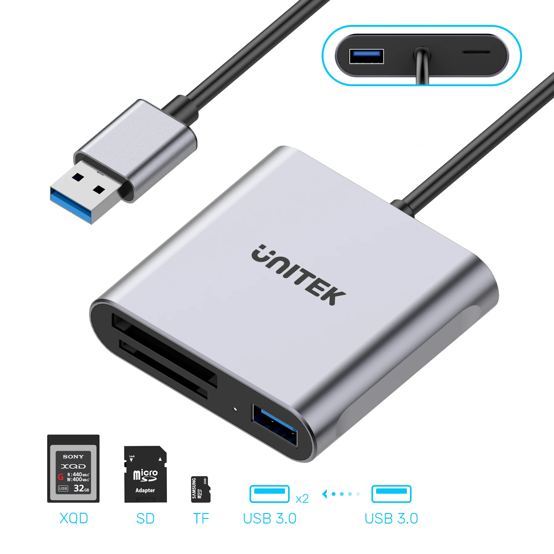 

Устройство для чтения карт памяти Unitek XQD, USB 3,2, Gen1 к XQD, SD, TF