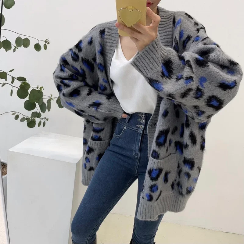 Женский однобортный Кардиган с леопардовым принтом повседневная мягкая теплая