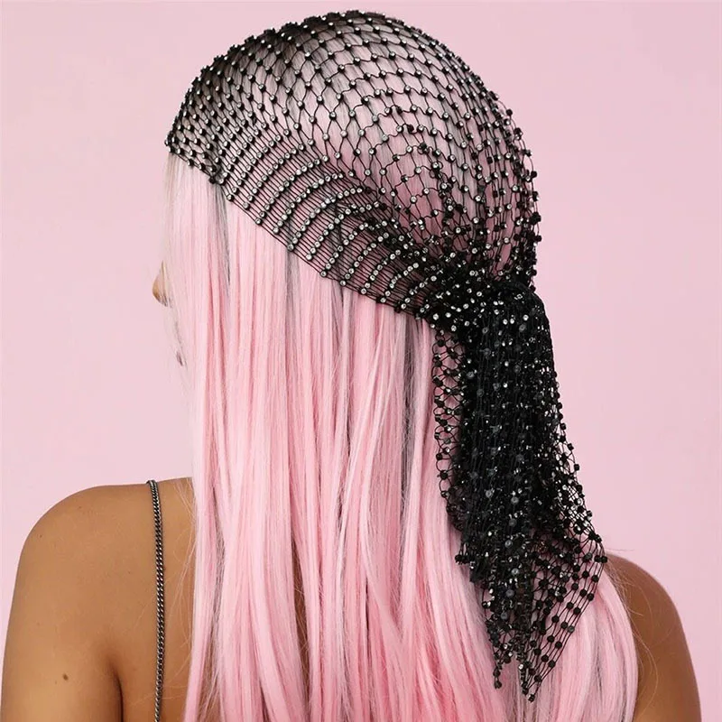 

European American Accessories Ladies Hair Scarf New Headwear Hot Drill Elastic Hairband Trend Personality Fishnet Veil Bandanas
