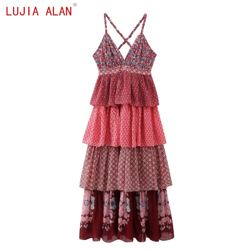 

Autumn New Women's Retro Printed Tiered Ruffle Sling Midi Dress Female Casual Sexy Backless Loose Vestidos LUJIA ALAN WD3180