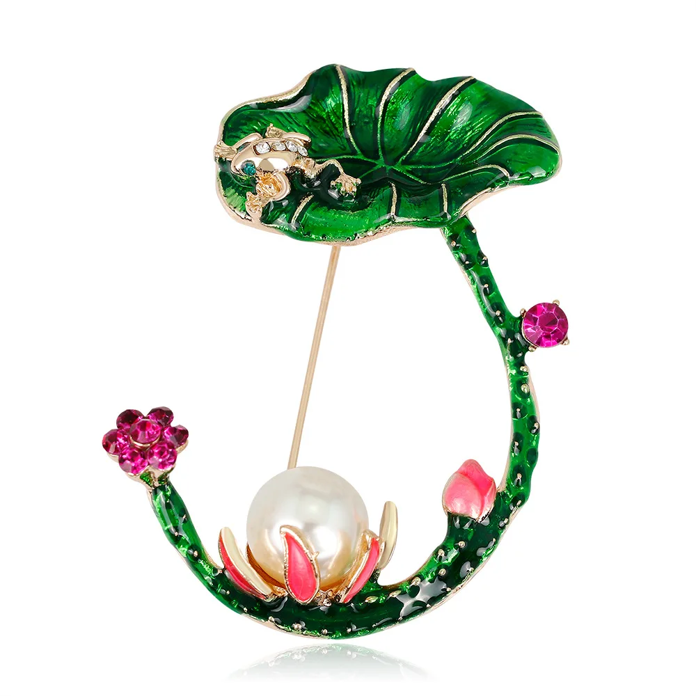 

2022 New Pink Enamel Lotus Flower Brooches Women Rhinestone Green Lotus Leaf Party Office Brooch Pins Gifts