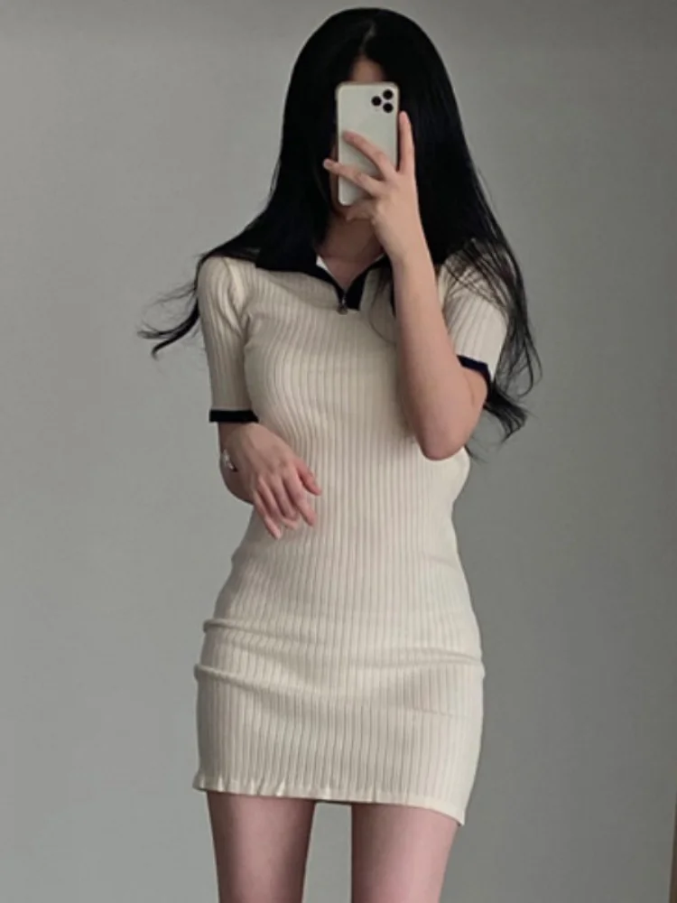 

Женское трикотажное платье с коротким рукавом, винтажное облегающее платье контрастных цветов в Корейском стиле, весна-лето 2023