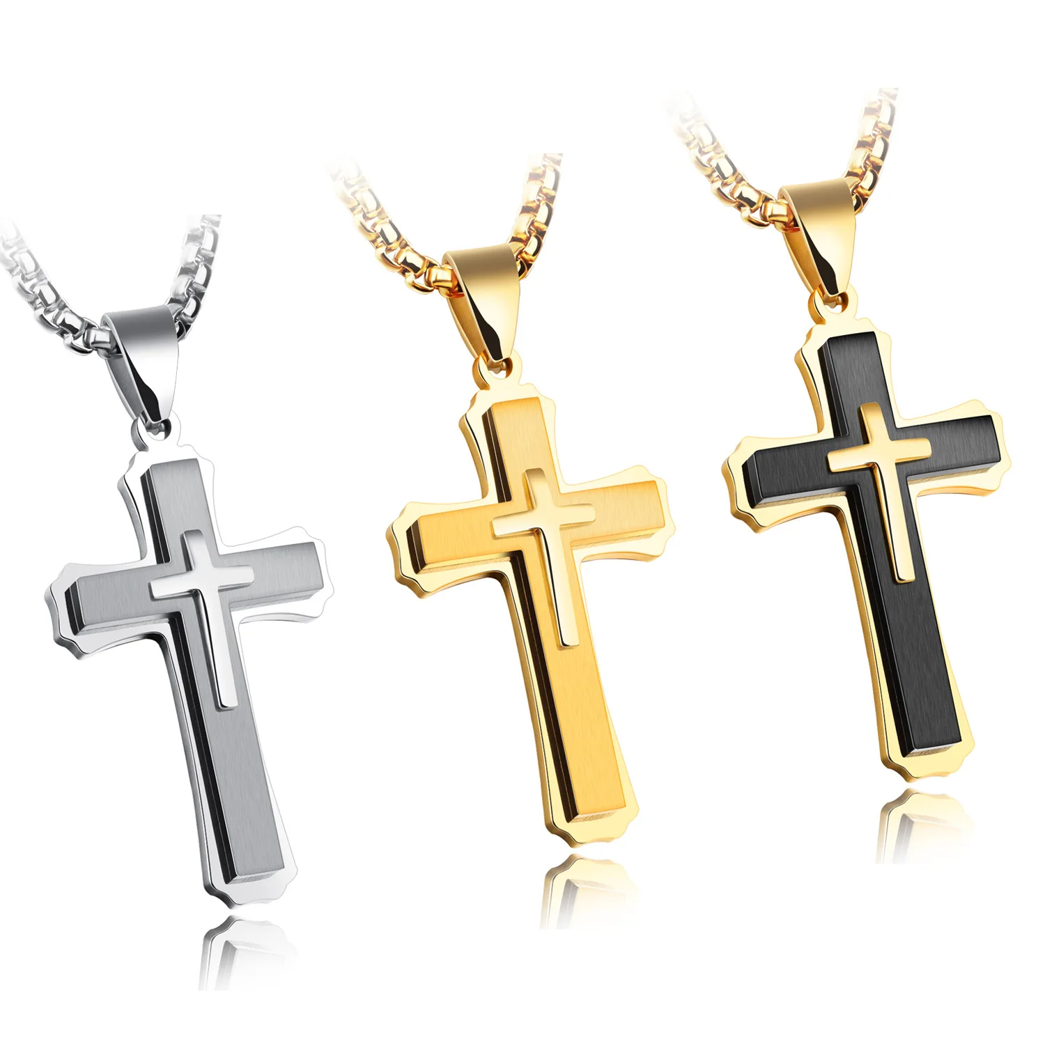 

Three - Tier Cross Necklace Titanium Steel Domineering Necklace Boys Ornament Engraved Gift