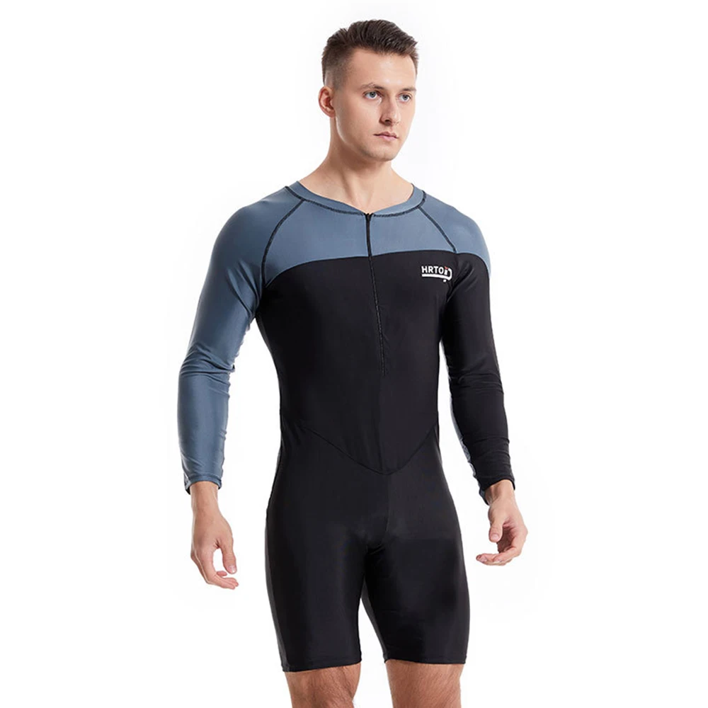 Men's One-Piece Long-Sleeved Sunscreen Swimsuit Beach Quick-Drying Snorkeling Surfing Suit Front Zipper Water Sports Swimsuit