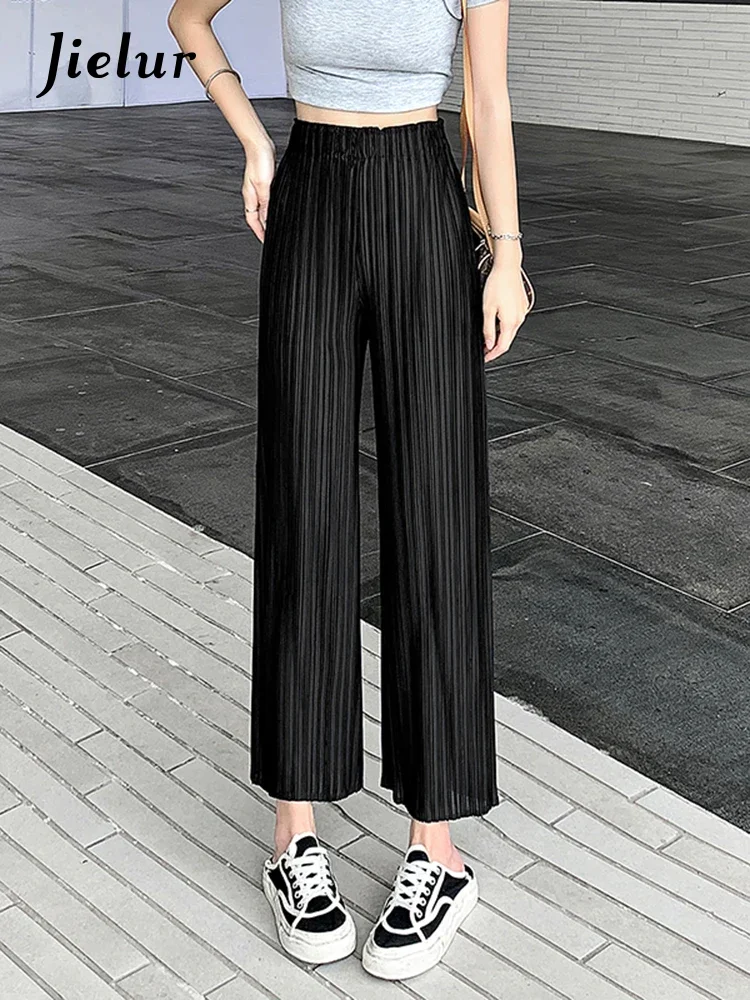 Jielur Зеленые плиссированные женские брюки с эластичным поясом прямые однотонные