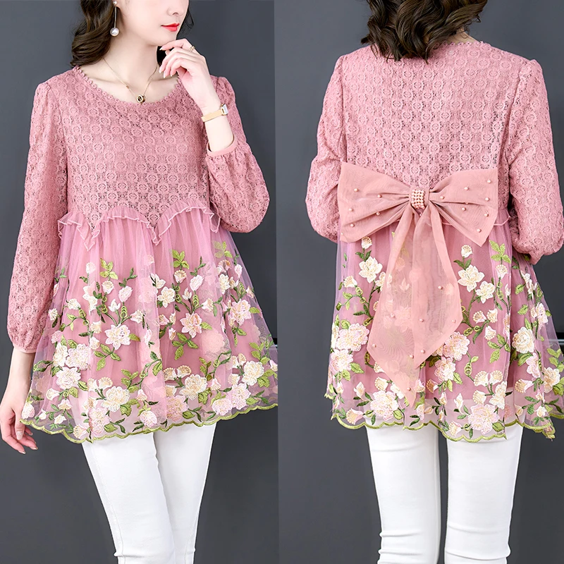 

2023 Spring/Summer Silk Flower Embroidery Back Bow Beaded Doll Neck Slim Short Dress 3D Flower Large Loose Women's Top