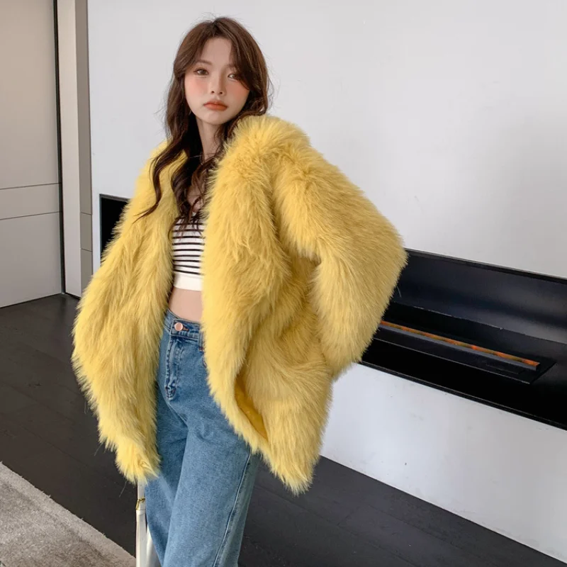 Gentle Luxury Fur Coat For Women Fluffy Furry Faux Fur Jackets Girl Turn-Down Collar Street Outerwear Lady Fashion Warm Overcoat