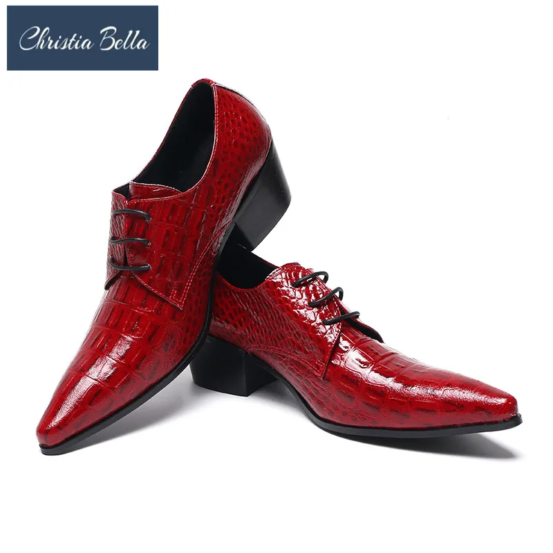 

Christia Bella British Style Mens Dress Shoes Red Pointed Toe Crocodile Pattern Leather Shoes Man Lace Up Wedding Party Shoes