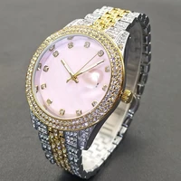 missfox men watches hot selling fashion bling top brand male quartz clocks pink dial iced out diamond calendar men%e2%80%98s wrist watch