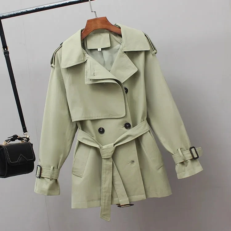 

VANOVICH Spring 2023 New England Style Female Belt Waist Slim Trench Female Oversized Solid Color Notched Mid-length Casual Coat