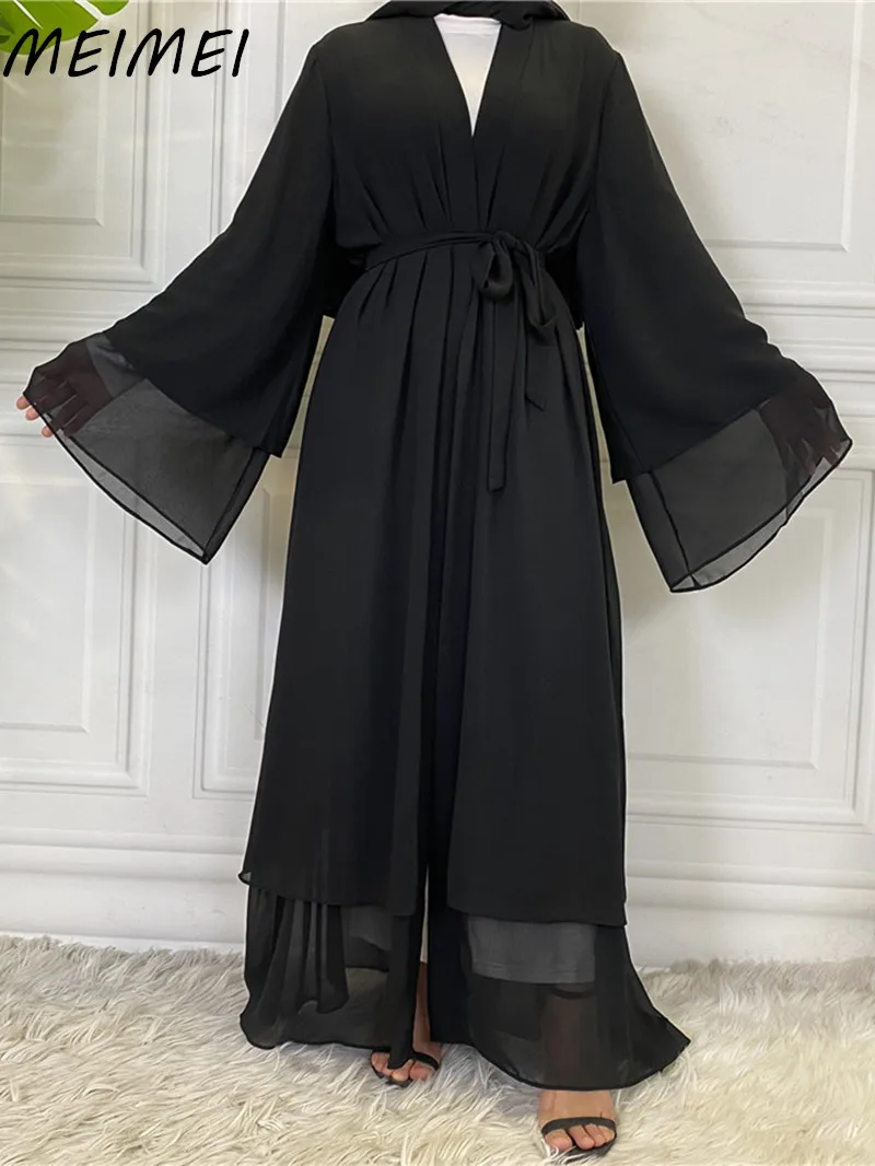 Solid Chiffon Poen Abayas for Women Dubai Turkey Islam Kaftan Robe  Robe Pour Femme Musulmane Ramadan Muslim Dress Islam Clothes