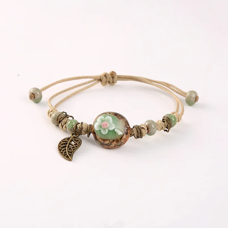 

Women Vintage Bohemia Handwoven Floral Bracelet Boho Geometric Leaves Natural Stone Adjustable Healing Creative Bracelet Jewelry