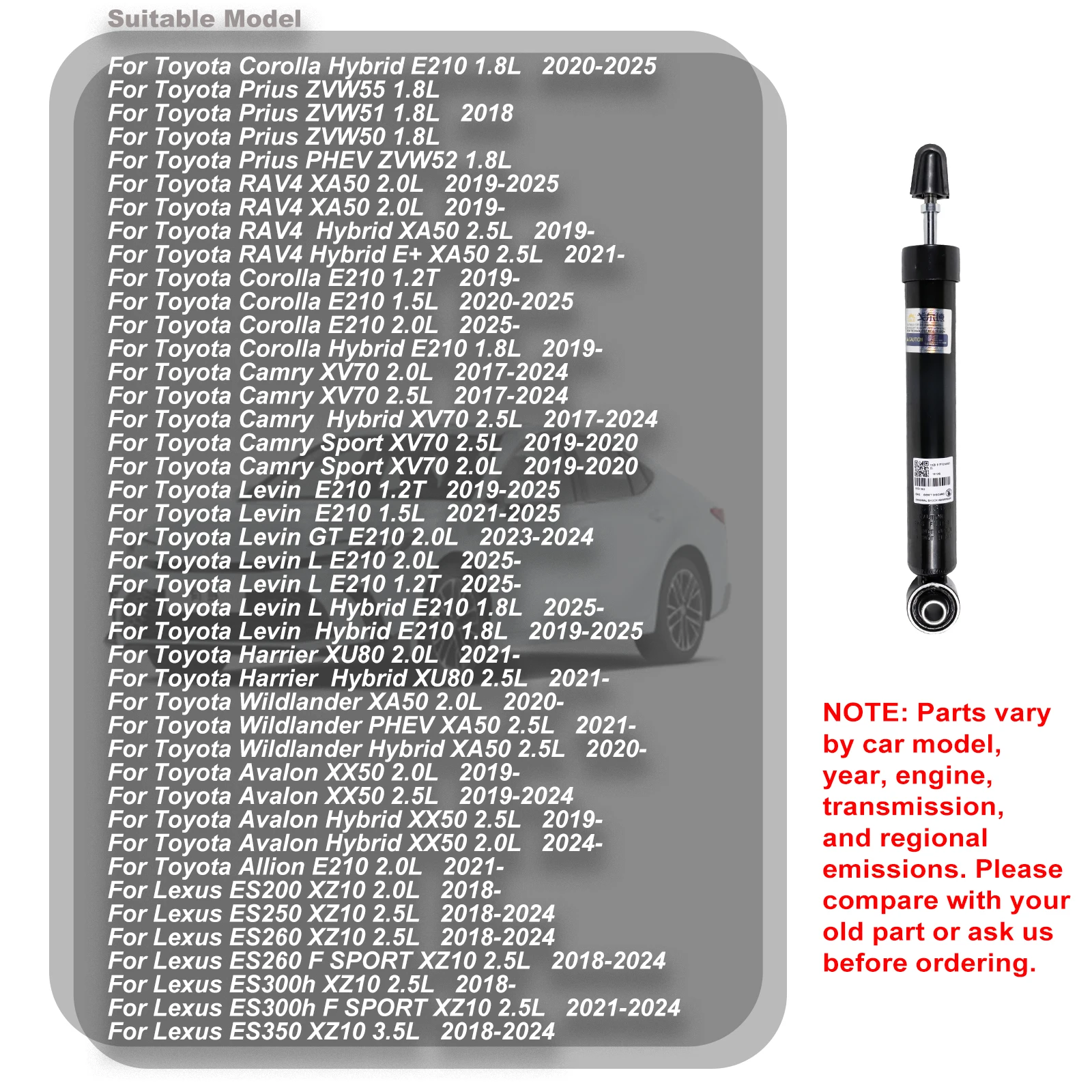 Фото Задние амортизаторы для Toyota Camry XV70, Corolla Hybrid, Prius, RAV4 XA50, Levin, Avalon, Allion, Lexus ES200, ES250, ES260, ES300h, 350 №2