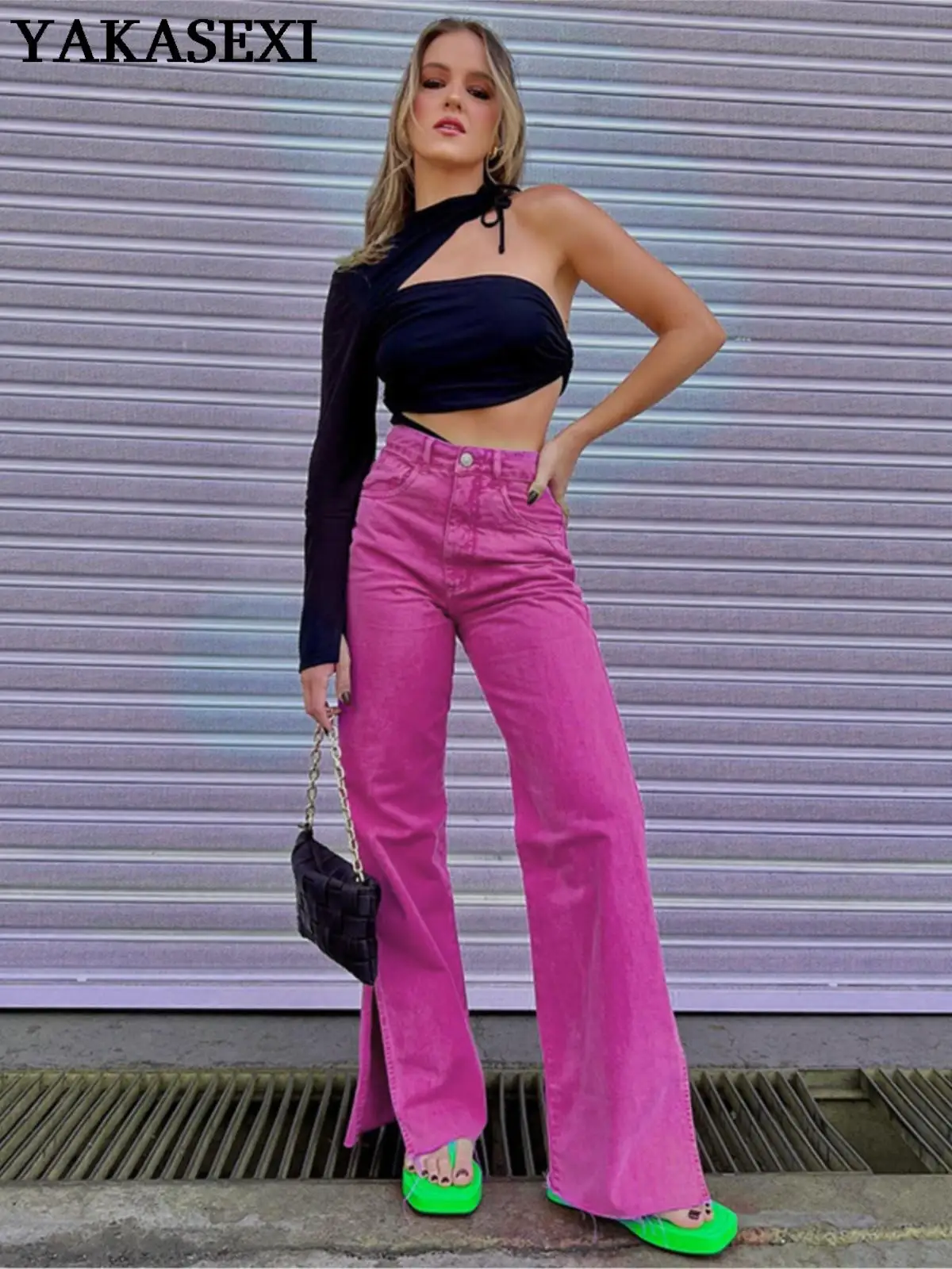 

YAKASEXI 2022, милые стильные широкие брюки с разрезом, женские розовые расклешенные джинсы с высокой талией Y2k, винтажная уличная одежда