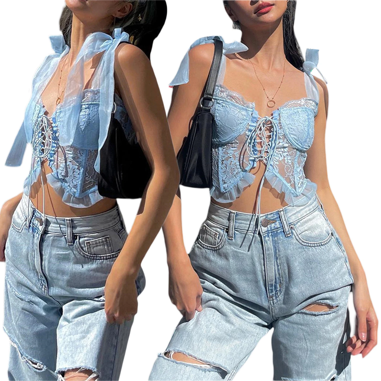 

Женские укороченные топы без рукавов, однотонные кружевные повседневные женские топы на шнуровке спереди, уличная одежда на лето