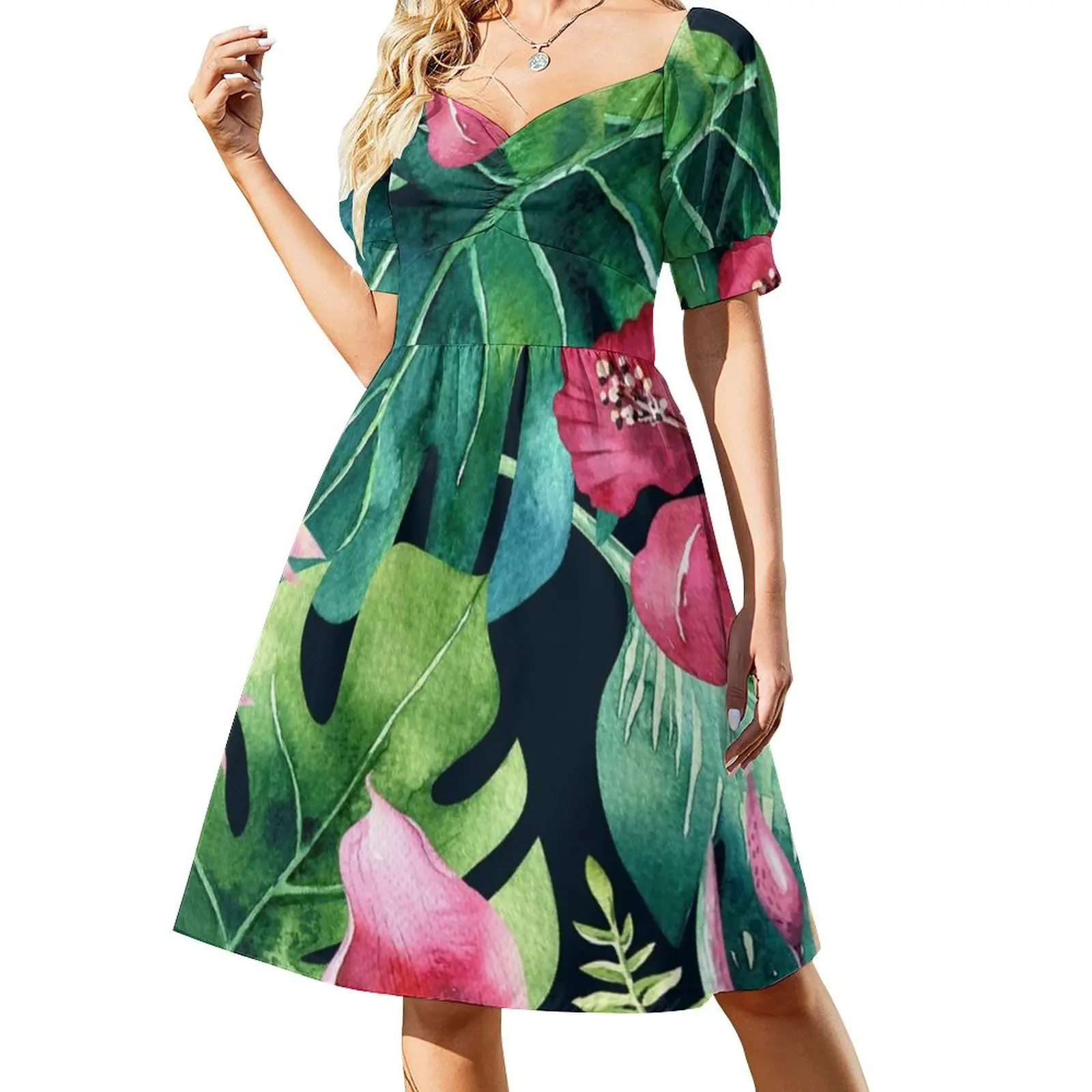 

Dark Tropical Hibiscus & Leaves A-Line Dress Dress Cute Dresses Summer Street Wear Casual Dress Graphic Clothes Big Size