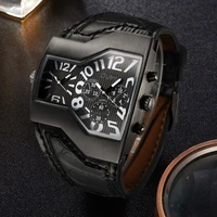 creative mens watch oulm military quartz watches dual time zone fashion large dial leather strap casual male wristwatches clock