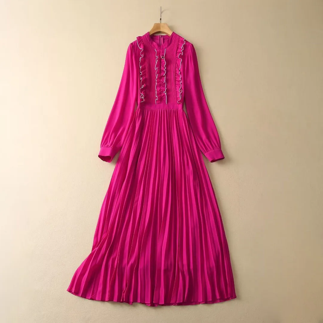 

Платье с длинным рукавом, плиссированное платье с широкой юбкой, с воротником-стойкой, контрастных цветов и рюшами, лето 2023 г.