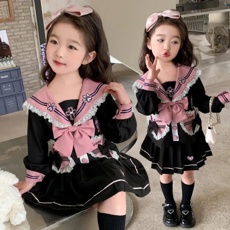 

Униформа Sanrio Kuromi Jk для девочек, детская одежда, костюм, рубашки, плиссированная юбка, новинка, милая модная детская юбка принцессы в стиле "Лолита", подарок
