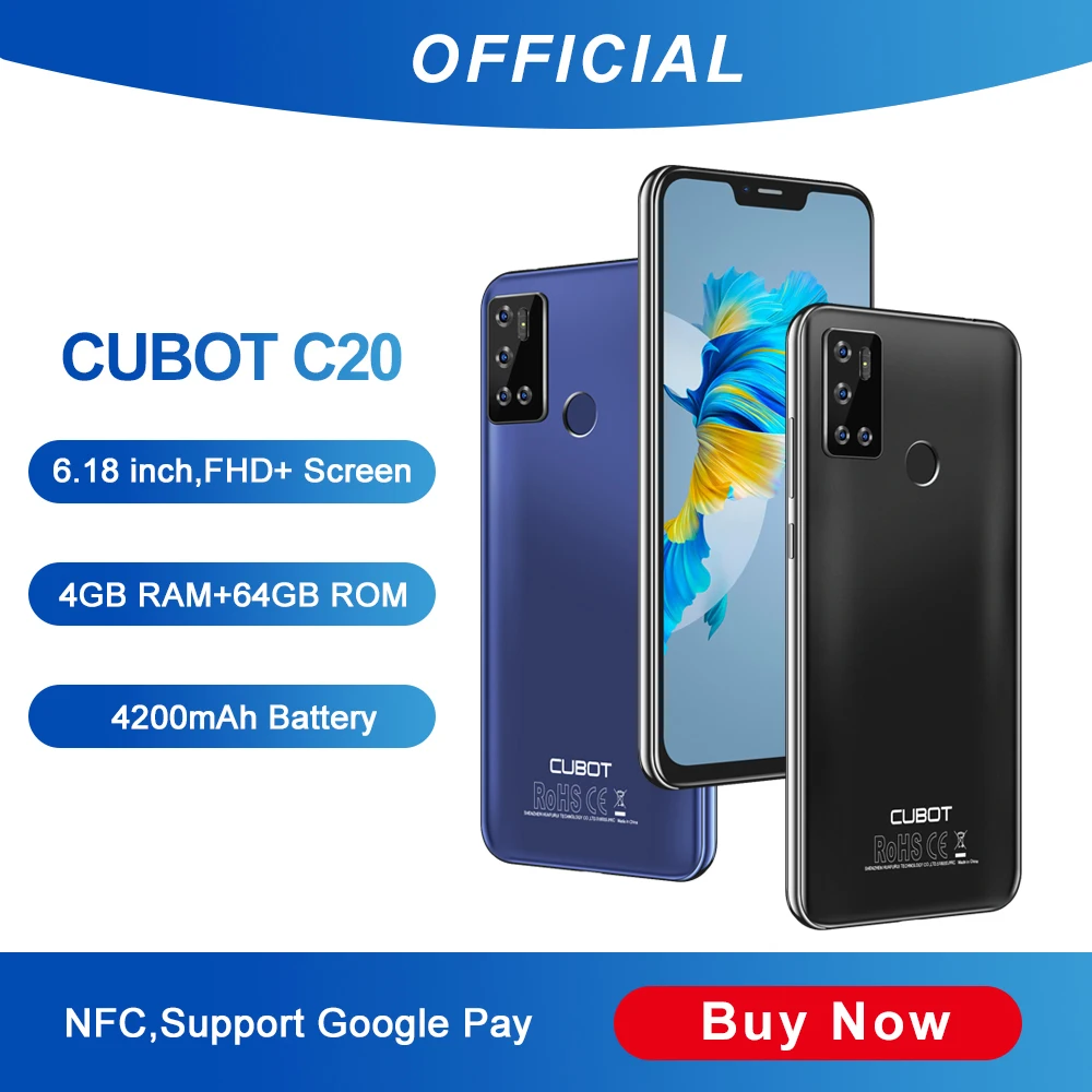 Cubot C20 смартфон на андроид 10 NFC Поддержка Google Pay 12MP Камера 4 Гб+64 Гб мобильные