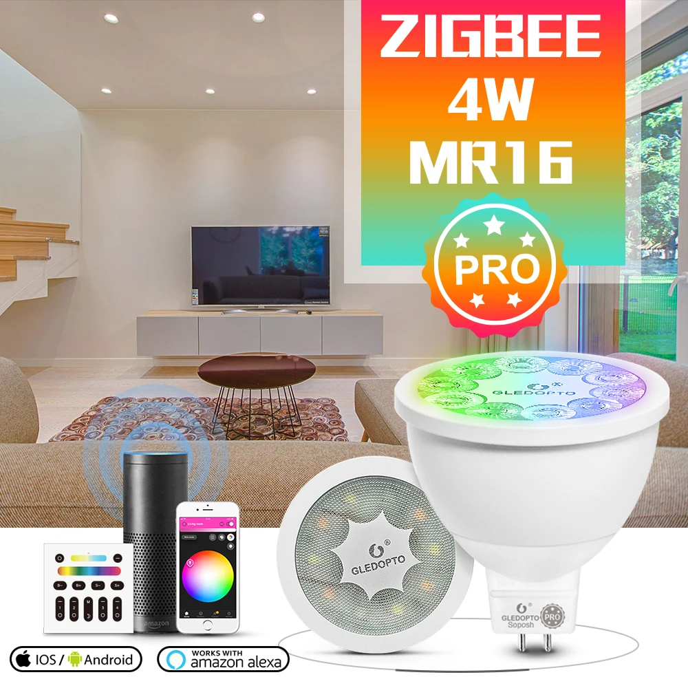 

GLEDOPTO ZigBee 3.0 Smart RGBCCT MR16 Spotlight Pro 4W AC/DC12V Bulb 30 Degree Beam Angle Work with Alexa Echo Plus App Voice RF