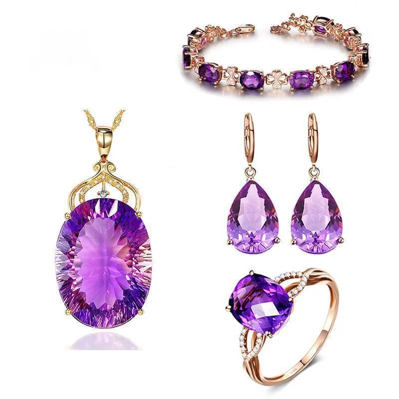 

Jewelry Set Personality Rose Gold Necklace Amethyst Water Drop Earrings Purple Bracelet Four claw Ring