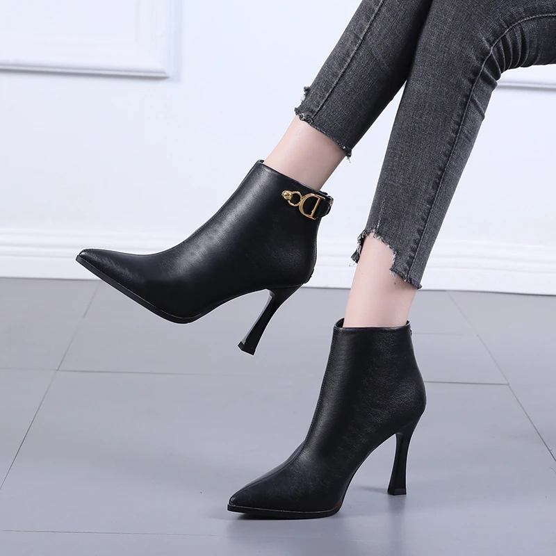 Pointed Solid Color PU Leather Stiletto Heels Women's Boots Winter Metal Slim Ankle Boots Simple Back Zipper Short Boots Ladies